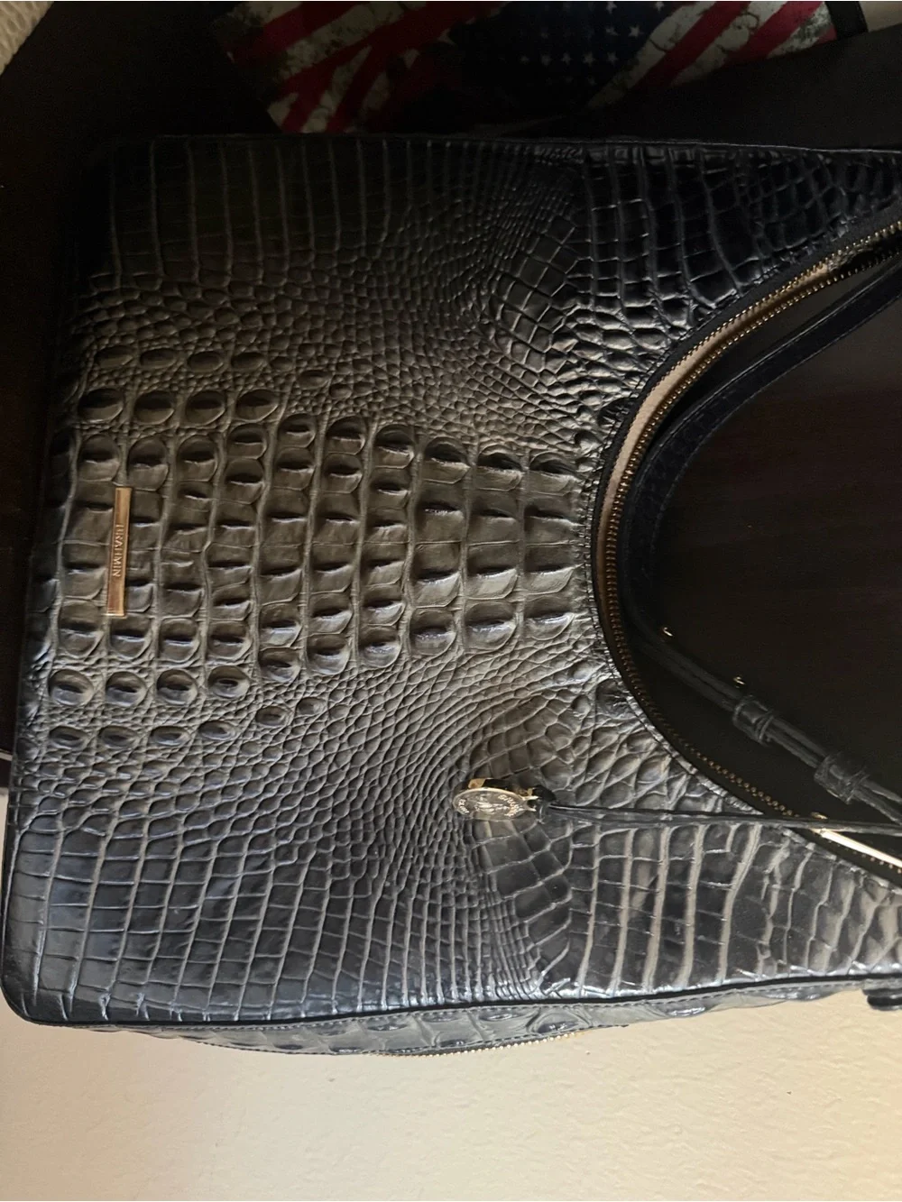 Brahmin Black Croc-Embossed Leather Messenger Bag with concealed side pocket